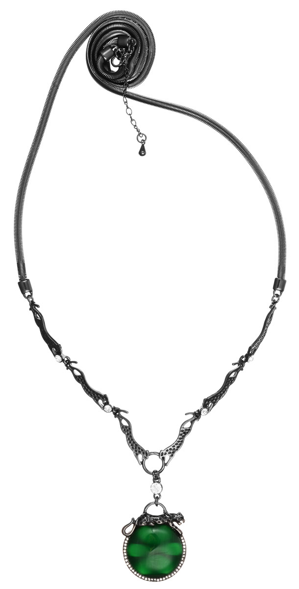 Колье Art-Silver, цвет: антрацитовый, зеленый. 011607-003-1533011607-003-1533 Колье Art-Silver, цвет: антрацитовый, зеленый. 011607-003-1533011607-003-1533Стильное колье Art-Silver выполнено из бижутерного сплава. Колье представляет собой цепочку, оригинального плетения. Центральная часть колье выполнена в виде композиции из леопардов, украшенных цирконами. Завершает композицию подвеска, дополненная вставкой из натурального камня кошачий глаз и цирконами. Изделие застегивается на замок-карабин с регулирующей длину цепочкой. Стильное колье станет оригинальным аксессуаром, как для повседневного, так и для вечернего наряда, оно подчеркнет вашу индивидуальность и неповторимый стиль.