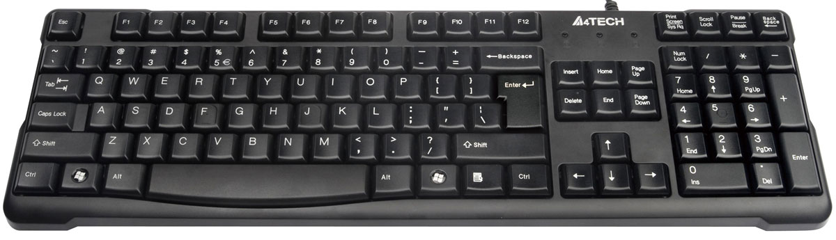 A4Tech KR-750, Black клавиатураKR-750 BLACK A4Tech KR-750, Black клавиатураKR-750 BLACKA4Tech KR-750 - функциональная проводная клавиатура. Данная модель имеет 105 клавиш, в том числе цифровой блок. Кнопки обладают закругленными углами и снабжены мембранным механизмом, что обеспечивает упругость нажатия. Такие клавиатуры отличаются практичностью и долговечностью. Устройство имеет пластиковый корпус с матовой поверхностью и ножками, которые можно спрятать внутрь, для регулирования угла наклона клавиатуры. Подключение к компьютеру осуществляется посредством интерфейса USB. Влагоустойчивая конструкция защищает клавиатуру при случайном проливе жидкости на нее. Благодаря специальным дренажным отверстиям жидкость проходит сквозь клавиатуру, не повреждая ее. Комфортные закругленные клавиши минимизируют чувство усталости при длительной работе. Лазерная гравировка способствует тому, что символы не сотрутся в течение всего срока использования. Дополнительная клавиша Backspace над цифровым блоком