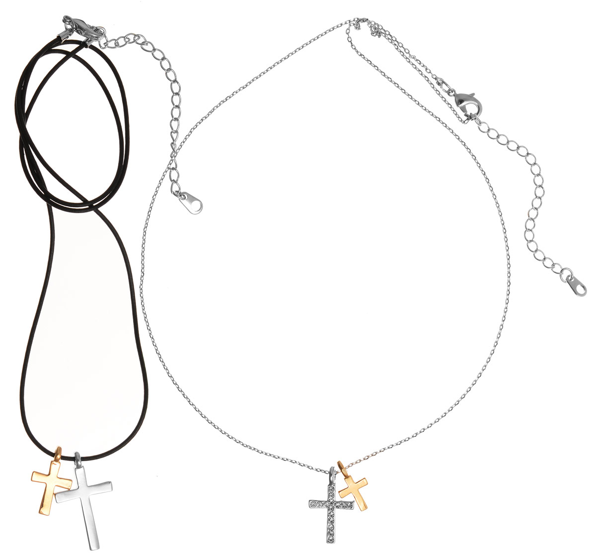 Кулон Art-Silver, цвет: серебряный, черный, золотой, 2 шт. 10785-53910785-539 Кулон Art-Silver, цвет: серебряный, черный, золотой, 2 шт. 10785-53910785-539Очаровательный комплект Art-Silver включает в себя два украшения, каждое из которых дополнено двумя кулонами разного размера. Благодаря стильному дизайну изделия идеально сочетаются. Первое украшение выполнено в виде изящной цепочки, дополненной двумя кулонами в форме крестов. Один из кулонов инкрустирован цирконами. Цепочка застегивается на замок-карабин, длина регулируется. Второе украшение представляет собой текстильный шнур, который также дополнен двумя кулонами и застегивается на замок-карабин. Длина изделия регулируется за счет дополнительных звеньев. Кулон Art-Silver поможет дополнить любой образ и привнести в него завершающий штрих.