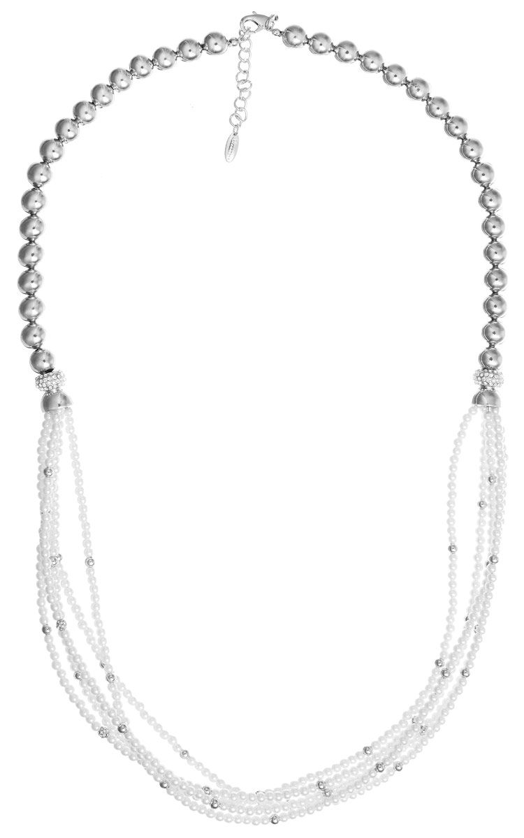 Колье Art-Silver, цвет: серебряный, белый. V065756Q-002-2957V065756Q-002-2957 Колье Art-Silver, цвет: серебряный, белый. V065756Q-002-2957V065756Q-002-2957Оригинальное колье Art-Silver не оставит равнодушной ни одну любительницу изысканных и необычных украшений. Сочетание материалов, цвета и форм придает изделию изысканность и индивидуальность. Верх колье представляет собой одну прочную нить с бусинами из металла. Середина изделия оснащена пятью нитями, на которые нанизаны мелкие бусины жемчуга. Изделие дополнено декоративными металлическими элементами и бусинами, украшенными кубическим цирконием. Изделие застегивается на практичный замок-карабин, длина колье регулируется с помощью специальной цепочки. Такое колье позволит вам с легкостью воплотить самую смелую фантазию и создать собственный неповторимый образ.