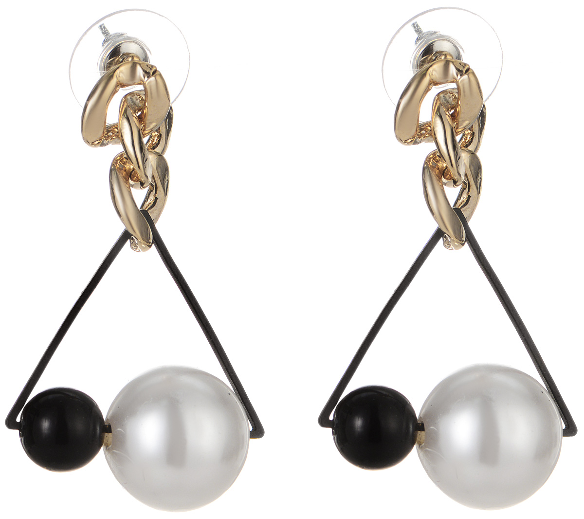 Серьги Art-Silver, цвет: золотой, черный, белый. СРГЗ34-359СРГЗ34-359 Серьги Art-Silver, цвет: золотой, черный, белый. СРГЗ34-359СРГЗ34-359Оригинальные серьги Art-Silver выполнены из бижутерного сплава, с легкостью завершат ваш образ. В качестве основы украшения использован замок-гвоздик с фиксатором из металла и пластика. Основа изделия выполнена в виде цепочки из трех звеньев золотистого цвета. Подвеска оформлена в виде треугольника из пластика, на одну из сторон которого нанизаны две бусины из пластика и жемчуга. Стильные серьги придадут вашему образу изюминку, подчеркнут красоту и изящество вечернего платья или преобразят повседневный наряд.