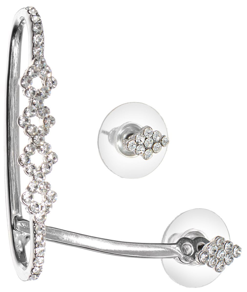 Серьги-каффы Art-Silver, цвет: серебристый. СРГ198-414СРГ198-414 Серьги-каффы Art-Silver, цвет: серебристый. СРГ198-414СРГ198-414Оригинальные серьги-каффы Art-Silver, изготовлены из бижутерного сплава. Комплект состоит из двух элементов. Основное украшение имеет оригинальную объемную форму с декоративными элементами украшенными кубическим цирконием. Второй элемент представлен в виде отдельной серьги-пуссеты ромбовидной формы, дополненной циркониями. В качестве основы украшения использован замок-гвоздик с фиксатором из пластика и металла. Основное украшение выполнено в форме изгиба женского ушка (надевается на левое ухо). Стильные серьги-каффы придадут вашему образу изюминку и подчеркнут индивидуальность вашего стиля.