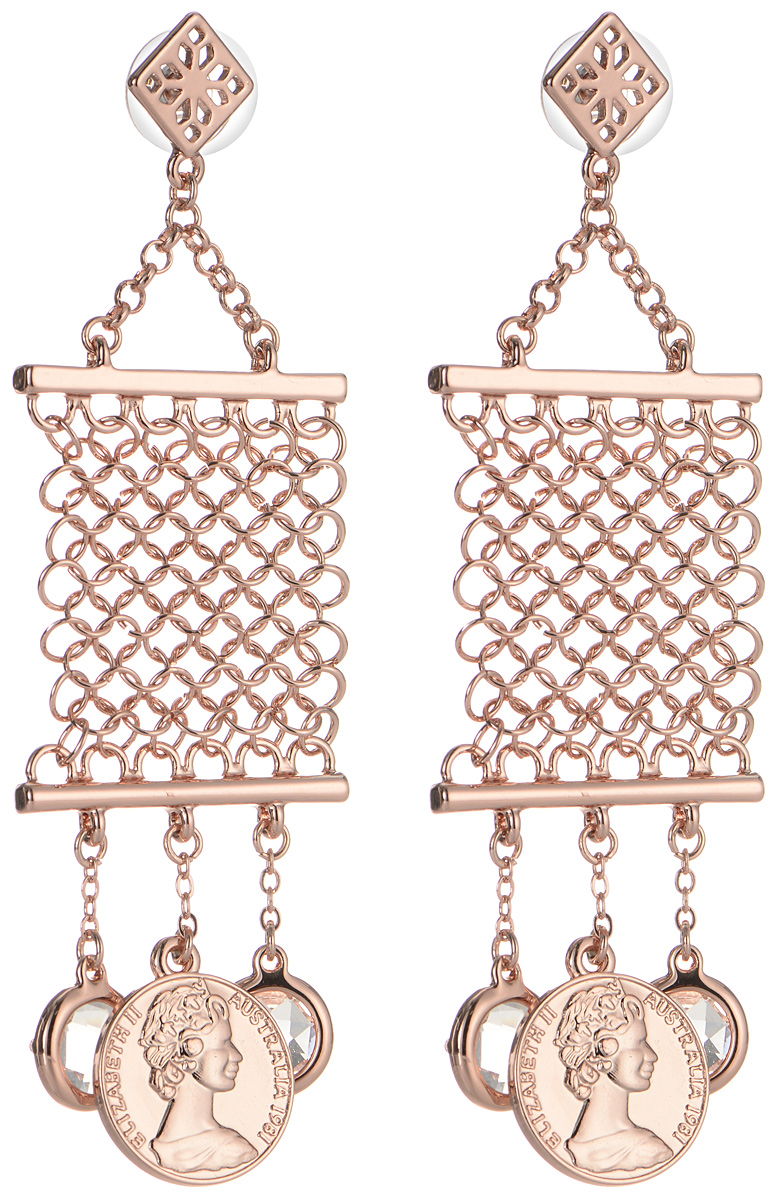 Серьги Art-Silver, цвет: золотой. MS05674E-RG-A-1580MS05674E-RG-A-1580 Серьги Art-Silver, цвет: золотой. MS05674E-RG-A-1580MS05674E-RG-A-1580Серьги современного дизайна Art-Silver, выполненные из бижутерийного сплава с позолотой, с легкостью завершат ваш образ. Серьги дополнены массивными подвесками с имитацией кольчуги, старинных монет и элементами, которые дополнены гранеными кристаллами. В качестве основы украшения использован замок-гвоздик с заглушками. Серьги Art-Silver придадут вашему образу изюминку, подчеркнут красоту и изящество вечернего платья или преобразят повседневный наряд.
