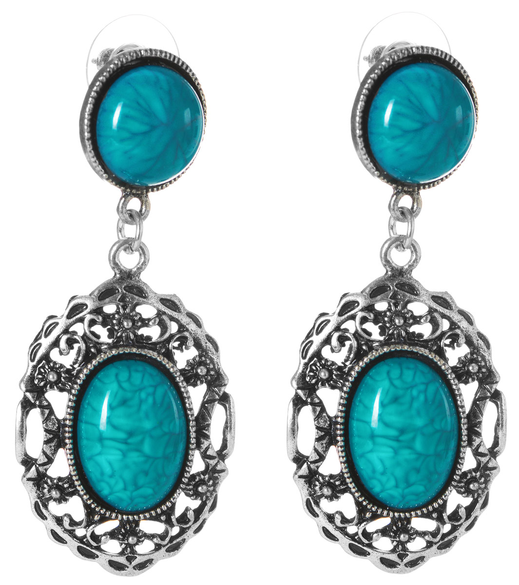 Серьги Art-Silver, цвет: серебряный, бирюзовый. 580-220580-220 Серьги Art-Silver, цвет: серебряный, бирюзовый. 580-220580-220Оригинальные серьги Art-Silver выполнены из бижутерного сплава, с легкостью завершат ваш образ. В качестве основы украшения использован замок-гвоздик с фиксаторами из металла. Серьги дополнены массивными ажурными подвесками, которые украшены элементами из пластика, имитирующими бирюзу. Стильные серьги придадут вашему образу изюминку, подчеркнут красоту и изящество вечернего платья или преобразят повседневный наряд.