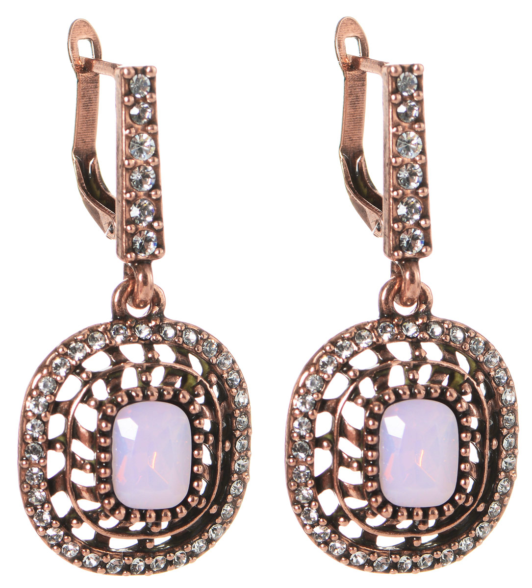 Серьги Art-Silver, цвет: бронзовый, розовый. MS05359E-OC-A-887MS05359E-OC-A-887 Серьги Art-Silver, цвет: бронзовый, розовый. MS05359E-OC-A-887MS05359E-OC-A-887Оригинальные серьги Art-Silver выполнены из бижутерного сплава с покрытием под бронзу, с легкостью завершат ваш образ. В качестве основы украшения использован английский замок, украшенный цирконами. Серьги дополнены оригинальными подвижными подвесками округлой формы. Изделие инкрустировано кубическим цирконием и в центре дополнено вставкой из пластика, имитирующей натуральный камень. Стильные серьги придадут вашему образу изюминку, подчеркнут красоту и изящество вечернего платья или преобразят повседневный наряд.