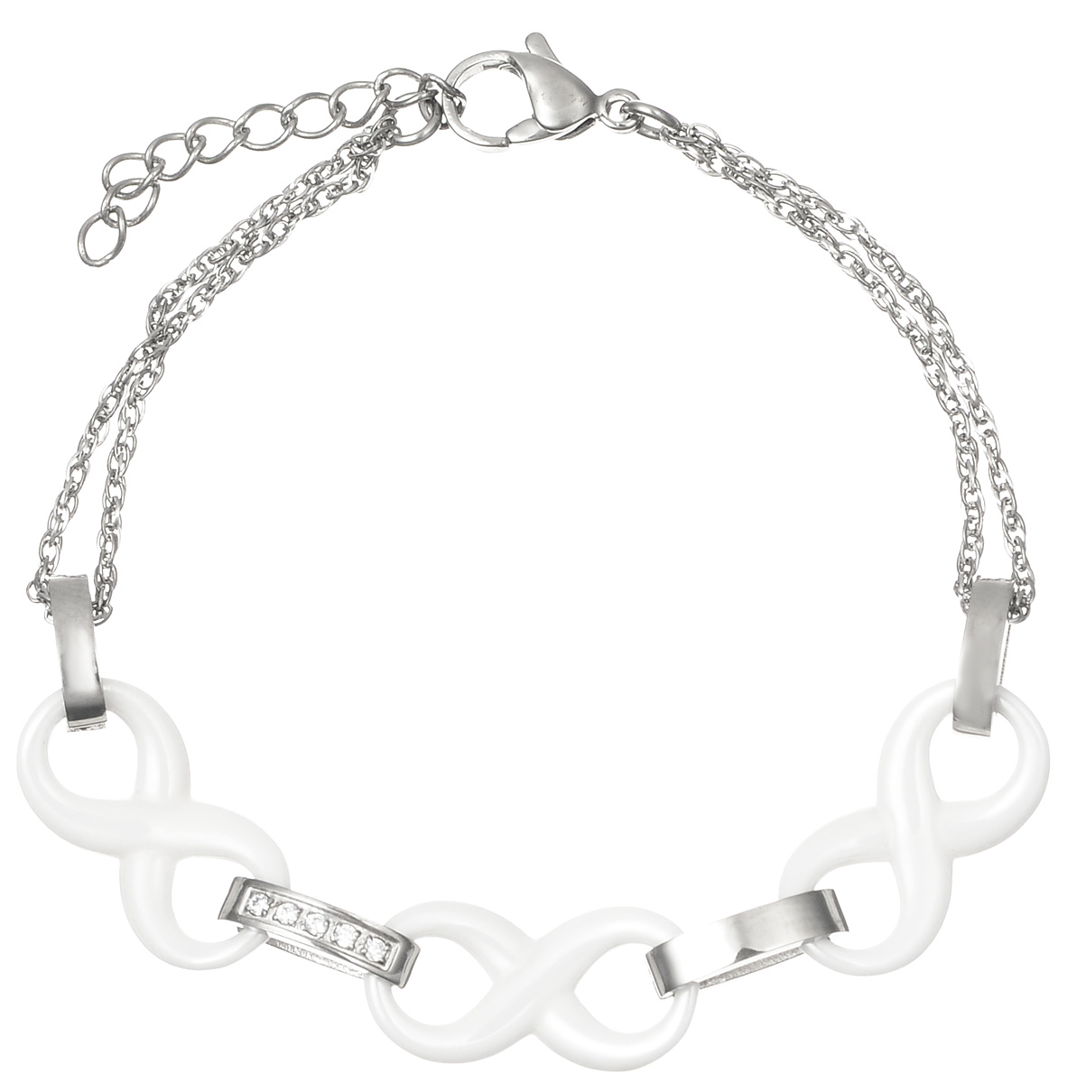 Браслет Art-Silver, цвет: серебристый, белый. КБ0822-821КБ0822-821 Браслет Art-Silver, цвет: серебристый, белый. КБ0822-821КБ0822-821Изысканный женский браслет Art-Silver изготовлен из высококачественной стали и исполнен в виде цепочки. Модель оформлена декоративными элементами в форме бесконечности и соединяющими звеньями, усыпанными стразами. Удобная застежка-карабин, с регулирующей длину цепочкой позволит оптимально зафиксировать браслет на руке. Это оригинальное и красивое украшение внесет изюминку в повседневный образ, а также подчеркнет ваш изысканный вкус.