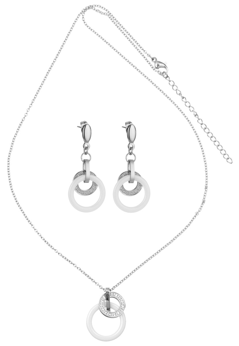 Комплект Art-Silver: колье, серьги, цвет: серебряный, белый. КБ0819-1612КБ0819-1612 Комплект Art-Silver: колье, серьги, цвет: серебряный, белый. КБ0819-1612КБ0819-1612Оригинальный комплект украшений Art-Silver включает в себя стильные серьги и колье. Украшения выполнены из бижутерного сплава, керамики и стали. Колье представляет собой тонкую цепочку с подвеской из двух небольших колечек разного диаметра. Одно кольцо выполнено из керамики, другое - из стали и украшено кубическим цирконием. Изделие имеет надежную застежку-карабин с регулирующей длину цепочкой. Серьги с подвесками из керамики оригинально дополняют данный комплект. В качестве основы украшения использованы застежки-гвоздики с фиксаторами из металла. Изящный комплект придаст вашему образу изюминку, подчеркнет красоту и изящество вечернего платья или преобразит повседневный наряд.