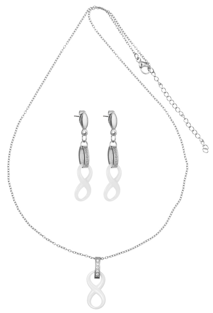 Комплект Art-Silver: колье, серьги, цвет: серебряный, белый. КБ0820-1026КБ0820-1026 Комплект Art-Silver: колье, серьги, цвет: серебряный, белый. КБ0820-1026КБ0820-1026Оригинальный комплект украшений Art-Silver включает в себя стильные серьги и колье. Украшения выполнены из бижутерного сплава, керамики и стали. Колье представляет собой тонкую цепочку с подвеской в форме цифры восемь, выполненной из керамики. Крепление подвески украшено кубическим цирконием. Изделие имеет надежную застежку-карабин с регулирующей длину цепочкой. Серьги с подвесками из керамики оригинально дополняют данный комплект. В качестве основы изделия использованы застежки-гвоздики с фиксаторами из металла и украшенные цирконами. Изящный комплект придаст вашему образу изюминку, подчеркнет красоту и изящество вечернего платья или преобразит повседневный наряд.