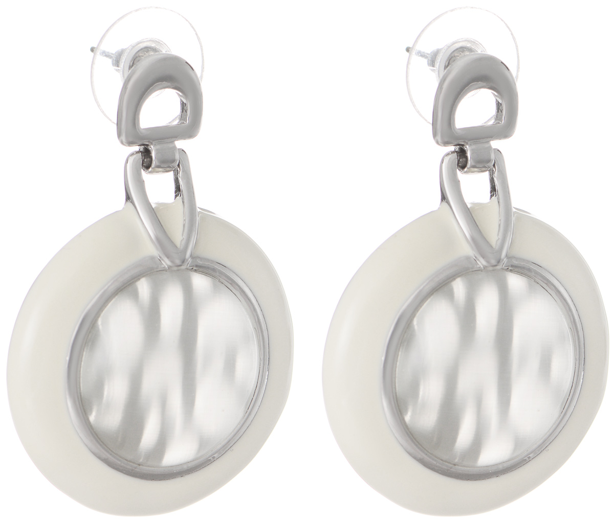 Серьги Art-Silver, цвет: серебряный, белый. V058150-002-891V058150-002-891 Серьги Art-Silver, цвет: серебряный, белый. V058150-002-891V058150-002-891Оригинальные серьги Art-Silver выполнены из бижутерного сплава, с легкостью завершат ваш образ. В качестве основы украшения использован замок-гвоздик с фиксатором из металла и пластика. Серьги дополнены оригинальными подвижными подвесками. Подвески имеют округлую форму, покрыты эмалью и дополнены вставками из кошачьего глаза. Стильные серьги придадут вашему образу изюминку, подчеркнут красоту и изящество вечернего платья или преобразят повседневный наряд.
