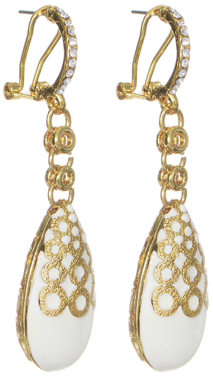 Серьги Art-Silver, цвет: золотой, белый. 015062-608015062-608 Серьги Art-Silver, цвет: золотой, белый. 015062-608015062-608Оригинальные серьги Art-Silver выполнены из бижутерного сплава с покрытием под золото, с легкостью завершат ваш образ. В качестве основы украшения использован итальянский замок, украшенный кубическим цирконием. Серьги дополнены объемными, подвижными подвесками в форме капли. Подвески покрыты белой эмалью и дополнены ажурным рисунком золотистого цвета. Стильные серьги придадут вашему образу изюминку, подчеркнут красоту и изящество вечернего платья или преобразят повседневный наряд.