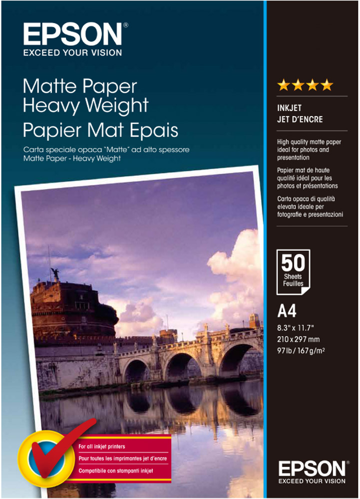 Epson Matte Heavyweight Paper (C13S041256) фотобумага, 50 листовC13S041256 Epson Matte Heavyweight Paper (C13S041256) фотобумага, 50 листовC13S041256Плотная матовая бумага Epson Matte Heavyweight Paper для печати фотоизображений, календарей, сертификатов, постеров, плакатов, оформительских работ. Сделанные на данной бумаге отпечатки обладают повышенной светостойкостью. Толщина (мм): 0.23 Прозрачность: 94% Яркость: 97%
