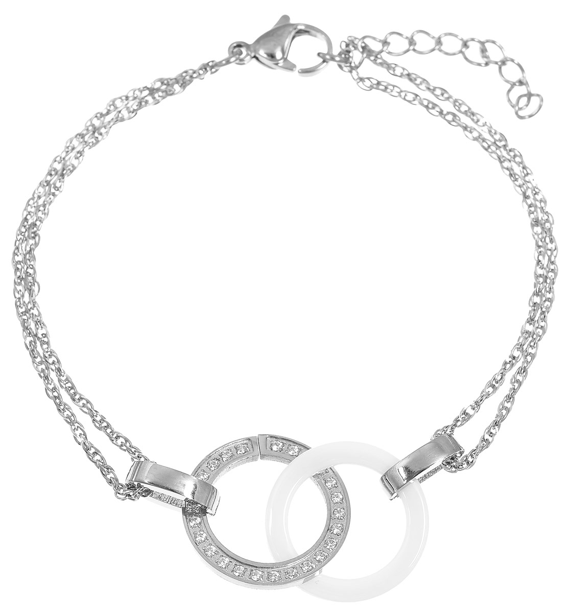 Браслет Art-Silver, цвет: серебряный, белый. КБ0818-821КБ0818-821 Браслет Art-Silver, цвет: серебряный, белый. КБ0818-821КБ0818-821Лаконичный женский браслет Art-Silver выполнен из бижутерного сплава, стали и керамики. Модель представляет собой основу из тонкой двойной цепочки с оригинальным плетением, соединенной двумя кольцами. Одно кольцо выполнено из керамики белого цвета, второе из стали и дополнено цирконами. Браслет застегивается при помощи застежки-карабина с регулирующей длину цепочкой. Необычный браслет блестяще подчеркнет ваш изысканный вкус и поможет внести разнообразие в привычный образ.