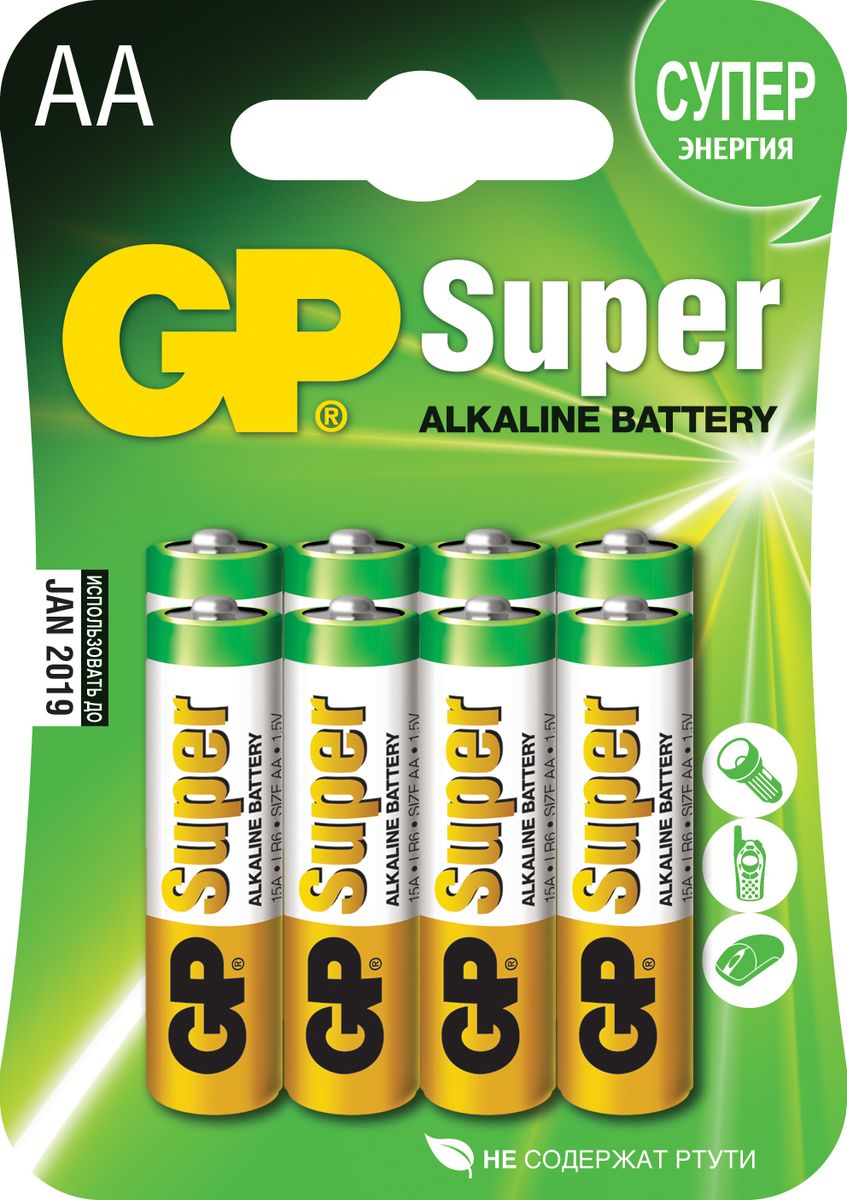 Набор алкалиновых батареек GP Batteries Super Alkaline, тип АА, 8 шт2720 Набор алкалиновых батареек GP Batteries Super Alkaline, тип АА, 8 шт2720Батарейки GP Super Alkaline прекрасно подходят для увеличивающейся потребности в источниках питания для устройств повседневного использования. Идеальное соотношение цена/качество. Надежный продукт широкого спектра применения, подходящий для потребителей всех возрастов. * Увеличенная продолжительность работы * Огромный ассортимент типоразмеров * Длительный срок хранения (до 7 лет)
