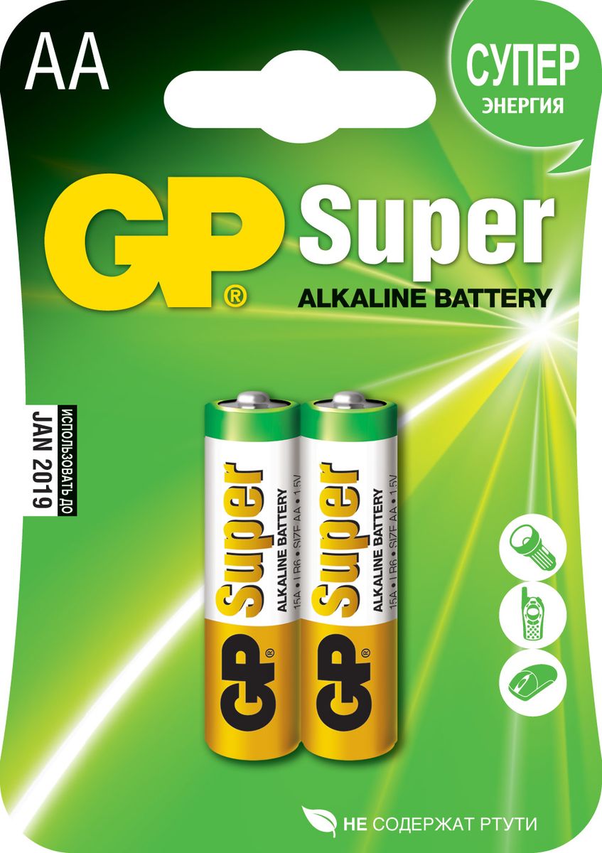 Набор алкалиновых батареек GP Batteries Super Alkaline, тип АА, 2 шт2722 Набор алкалиновых батареек GP Batteries Super Alkaline, тип АА, 2 шт2722Батарейки GP Super Alkaline прекрасно подходят для увеличивающейся потребности в источниках питания для устройств повседневного использования. Идеальное соотношение цена/качество. Надежный продукт широкого спектра применения, подходящий для потребителей всех возрастов. * Увеличенная продолжительность работы * Огромный ассортимент типоразмеров * Длительный срок хранения (до 7 лет)