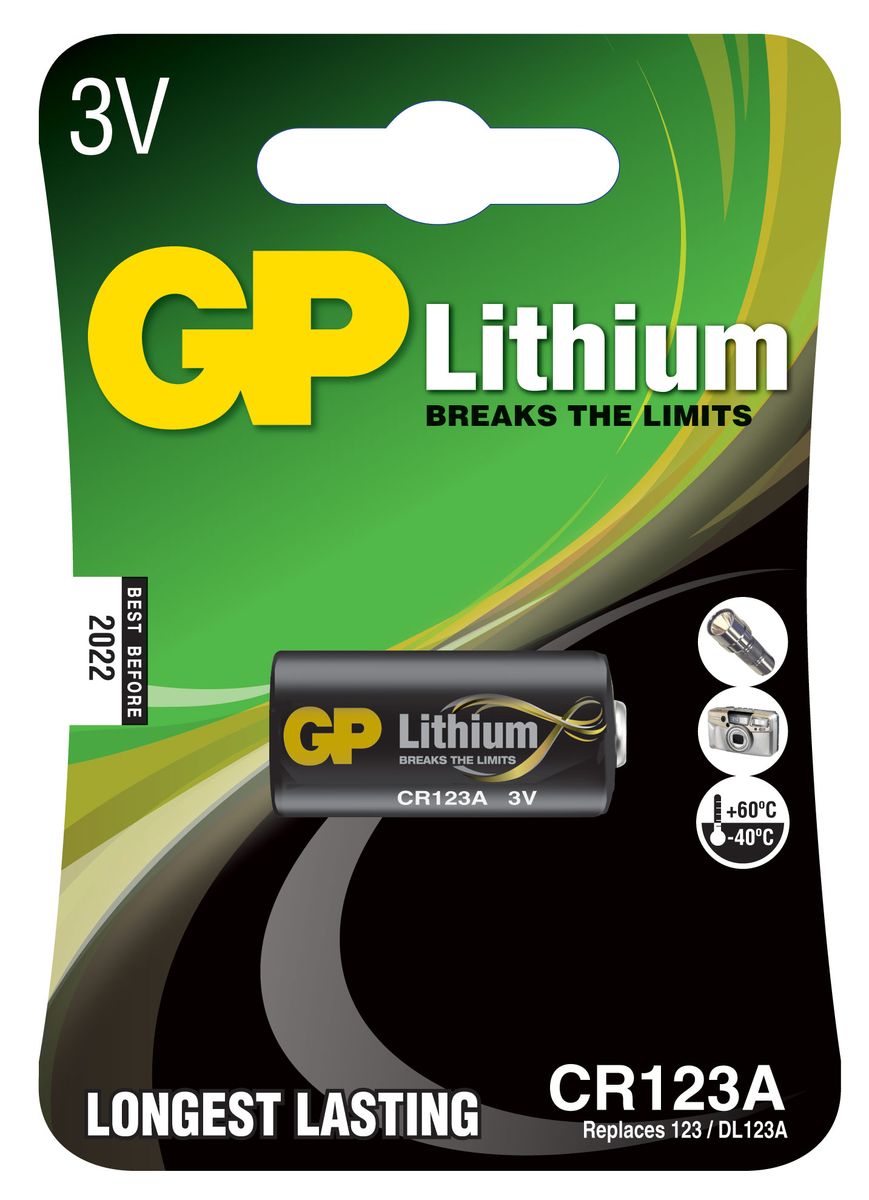 Батарейка литиевая GP Batteries, тип CR123 (CR17345), 3В, 1 шт3187 Батарейка литиевая GP Batteries, тип CR123 (CR17345), 3В, 1 шт3187Литиевые элементы питания GP показывают великолепный результат в профессиональных приборах, а также в устройствах с высоким потреблением энергии. Они идеальны для медицинских приборов и отлично работают в экстремальных погодных условиях. * Лучшее решение для профессиональных и медицинских приборов * На 40% легче обычных батареек * Демонстрируют превосходный результат при экстремальных погодных условиях (от -40°C до 60°C) * Встроенная система защиты * Длительный срок хранения (10 лет)