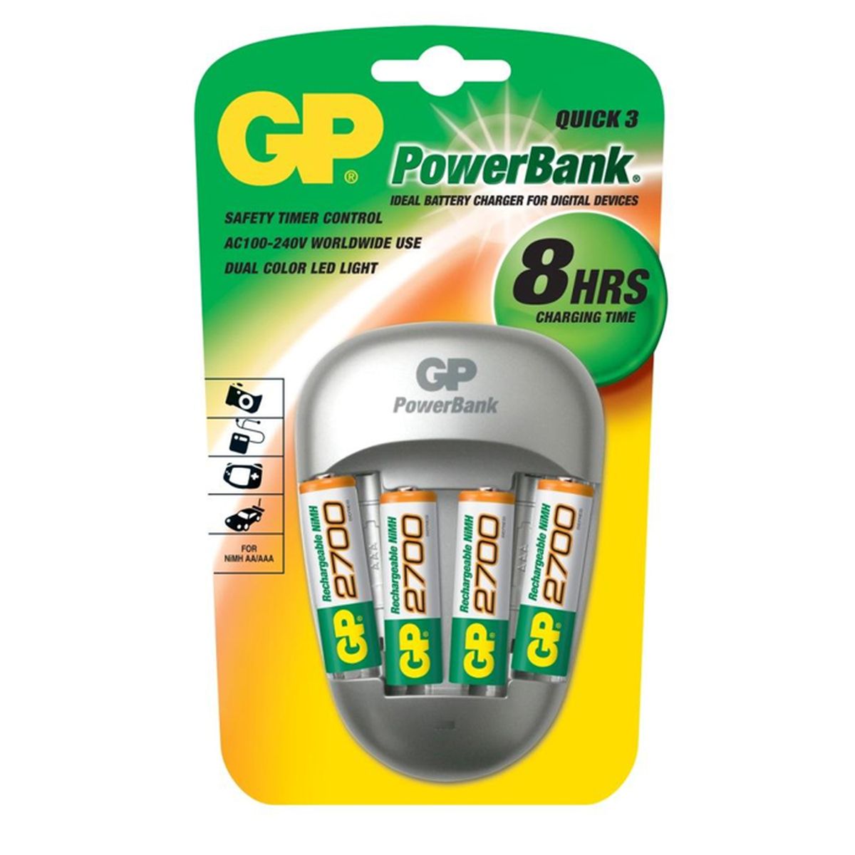 Зарядное устройство GP Batteries для заряда 4-х аккумуляторов типа АА, ААА + комплект из 4-х аккумуляторов NiMh, 2700 mAh, тип АА3490 Зарядное устройство GP Batteries для заряда 4-х аккумуляторов типа АА, ААА + комплект из 4-х аккумуляторов NiMh, 2700 mAh, тип АА3490Зарядные устройства GP PowerBank серии MID-range предоставляют частым пользователям аккумуляторов идеальные решения для заряда. ЕслиВам нужно зарядить от 2-х до 8-ми аккумуляторов в течение от 2-х до 8-ми часов, то зарядные устройства этой серии отлично подойдут. В комплекте с некоторыми зарядными устройствами идут универсальные переходники для использования по всему миру во время путешествий. * Безопасный заряд в течение ночи * IИндивидуальный индикатор статуса заряда для каждого аккумулятора * Контроль исправности аккумуляторов и защита от заряда первичных элементов питания * Удобство для путешественников: используются по всему миру * Непрерывный подзаряд: аккумуляторы всегда полностью заряжены * Достаточно 6 часов для заряда 4-х никель-металлгидридных аккумуляторов типоразмеров АА или ААА * Два канала для заряда позволяют заряжать 2 или 4 никель-металлгидридных аккумулятора типоразмеров АА или ААА