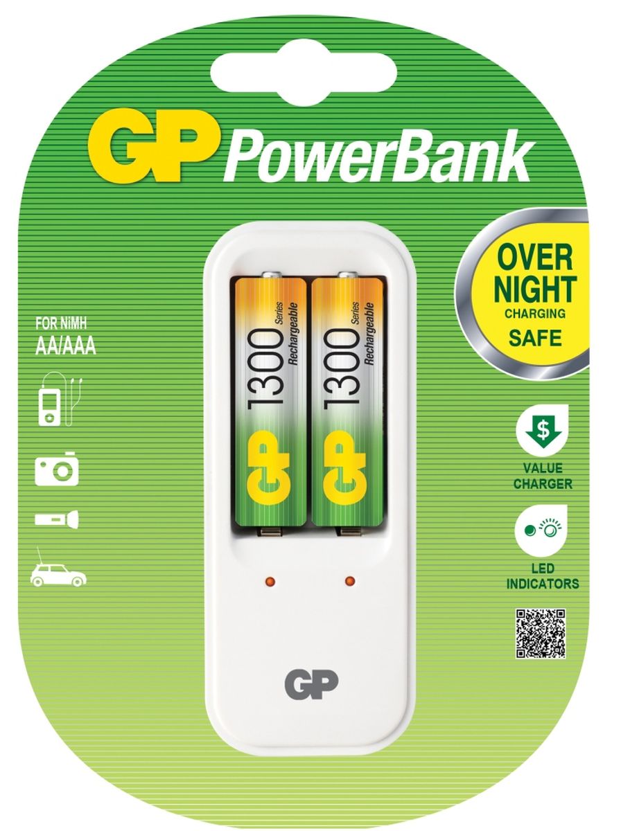 Зарядное устройство GP Batteries для заряда 2-х аккумуляторов типа АА, ААА + комплект из 2-х аккумуляторов NiMh, 1300 mAh, тип АА3546 Зарядное устройство GP Batteries для заряда 2-х аккумуляторов типа АА, ААА + комплект из 2-х аккумуляторов NiMh, 1300 mAh, тип АА3546Экономия средств, безопасный заряд и удобство обращения. Серия STANDARD зарядных устройств GP PowerBank предлагает экономное решение для заряда аккумуляторов всех типоразмеров. Если вам нужно зарядить аккумуляторы типоразмеров ААА, АА, все зарядные устройства PowerBanks просты и удобны в использовании; просто поместите Ваши аккумуляторы в устройство и оставьте их заряжаться на всю ночь. Автоматический таймер гарантирует безопасный процесс заряда, после которого Вы можете вытащить заряженные аккумуляторы, когда они Вам понадобятся. * Устройство, разработанное для того, чтобы оно всегда находилось в розетке - для мгновенной энергии * Компактное устройство * Два канала для заряда позволяют заряжать 1-2 никель-металлгидридных аккумулятора типоразмеров АА или ААА