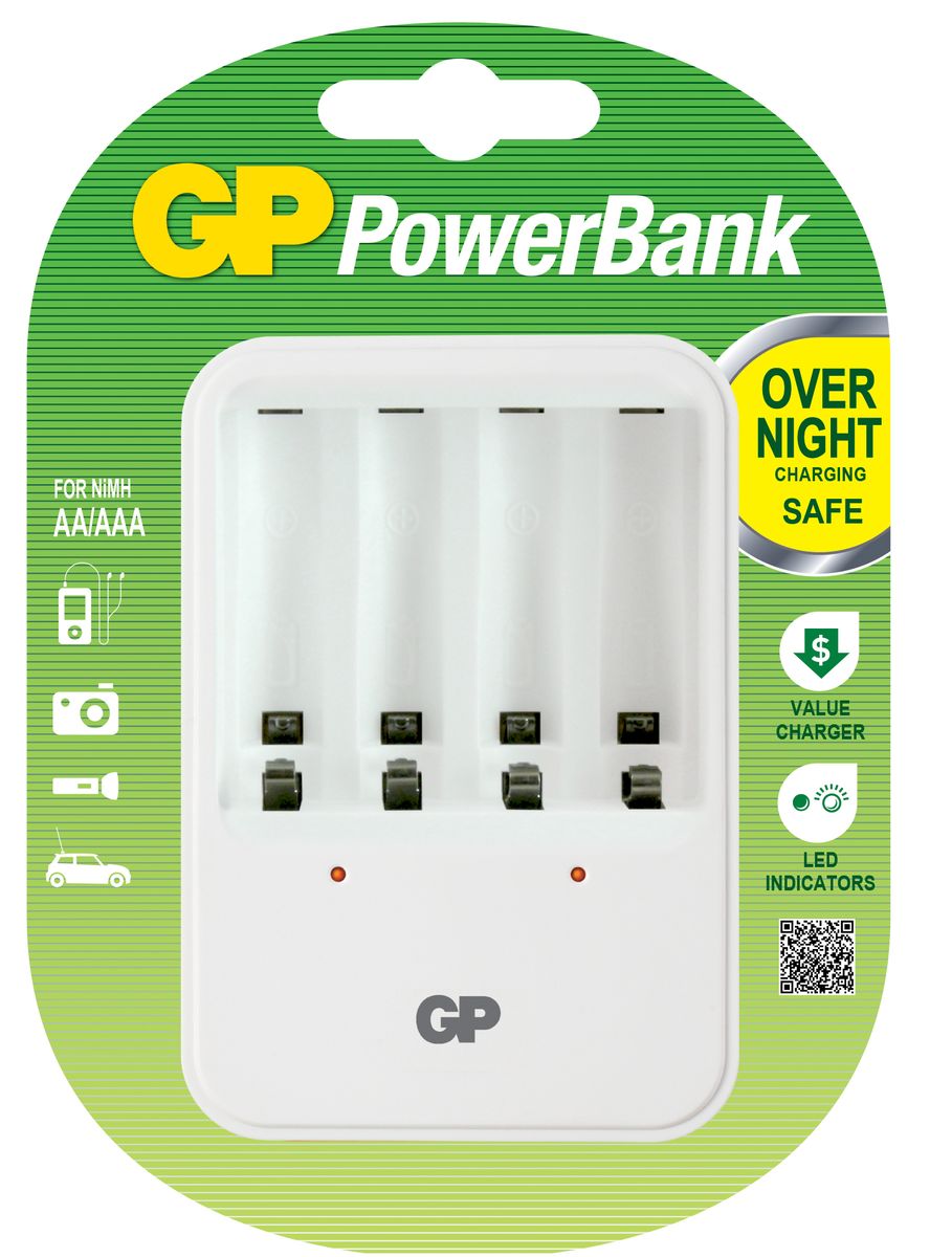 Зарядное устройство GP Batteries для заряда 4-х аккумуляторов типа АА, ААА8815 Зарядное устройство GP Batteries для заряда 4-х аккумуляторов типа АА, ААА8815Экономия средств, безопасный заряд и удобство обращения. Серия STANDARD зарядных устройств GP PowerBank предлагает экономное решение для заряда аккумуляторов всех типоразмеров. Если вам нужно зарядить аккумуляторы типоразмеров ААА, АА, все зарядные устройства PowerBanks просты и удобны в использовании; просто поместите Ваши аккумуляторы в устройство и оставьте их заряжаться на всю ночь. Автоматический таймер гарантирует безопасный процесс заряда, после которого Вы можете вытащить заряженные аккумуляторы, когда они Вам понадобятся. * Устройство, разработанное для того, чтобы оно всегда находилось в розетке - для мгновенной энергии * Компактное устройство * Два канала для заряда позволяют заряжать 1-2 никель-металлгидридных аккумулятора типоразмеров АА или ААА