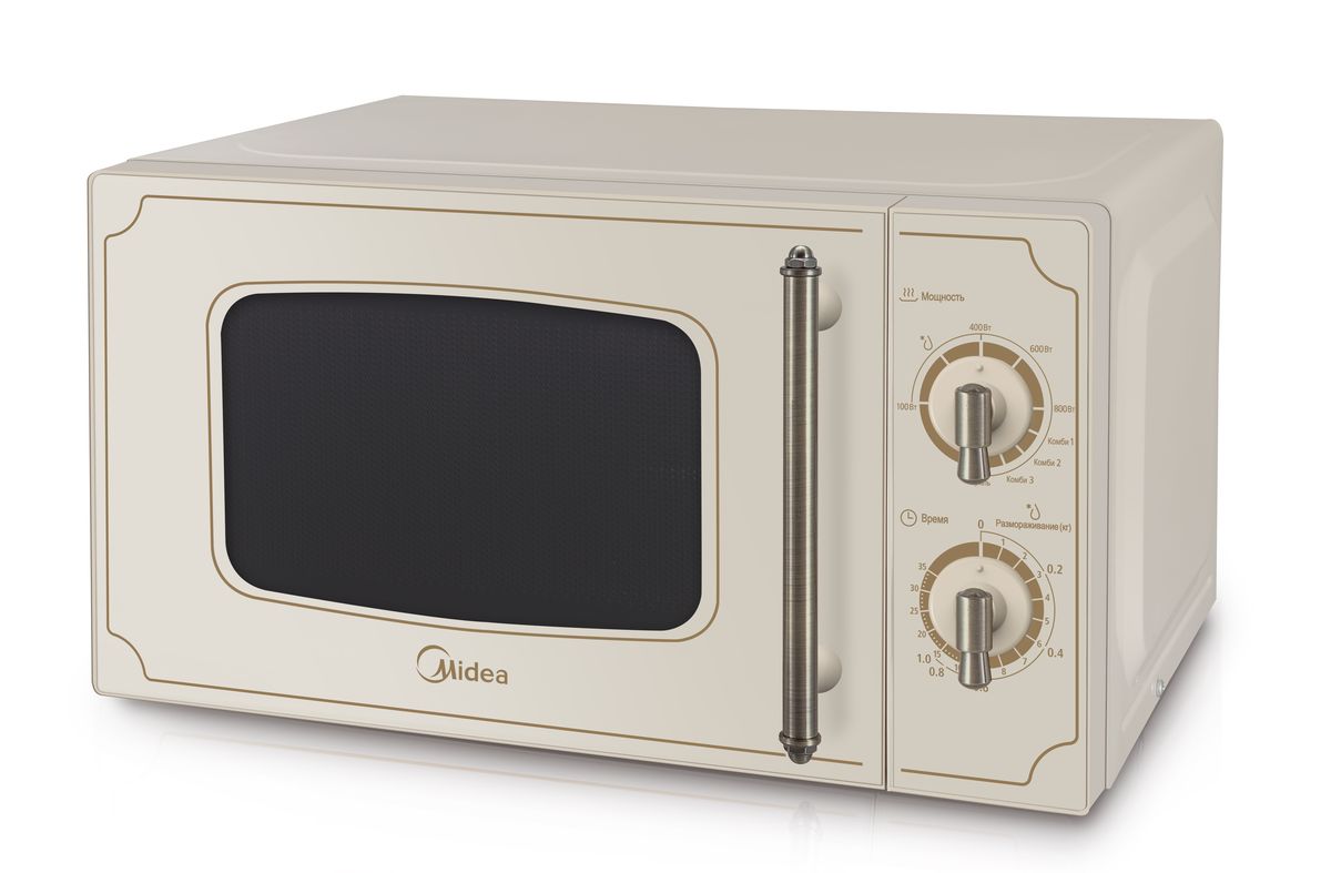 Midea MG820CJ7-I1 микроволновая печьMidea MG820CJ7-I1 Midea MG820CJ7-I1 микроволновая печьMidea MG820CJ7-I1Midea MG820CJ7-I1 - оригинальная микроволновая печь с грилем, дизайн которой выполнен в стиле ретро. Микроволновая печь управляется с помощью двух электромеханических регуляторов — идеальный вариант для тех, кто не хочет долго изучать инструкцию в поисках необходимых комбинаций кнопок. Верхний регулятор управляет режимом (5 уровней микроволн, гриль и 3 комбинированных), а на нижнем выставляется время в пределах 35 минут или вес продукта при разморозке. Данная модель может работать в трех режимах: Микроволны, Гриль, Комбинированный, а также размораживать продукты. И это дает массу возможностей: жарить мясо, птицу, котлеты, варить гарниры и супы, а также печь десерты. Вы можете выставить мощность на одном из пяти уровней: от 100 до 800 Вт. 800 Вт обычно используется для быстрого разогрева уже готовой еды, а меньшие мощности предназначены для готовки и разморозки. Внутреннее освещение камеры позволяет даже при закрытой дверце визуально...