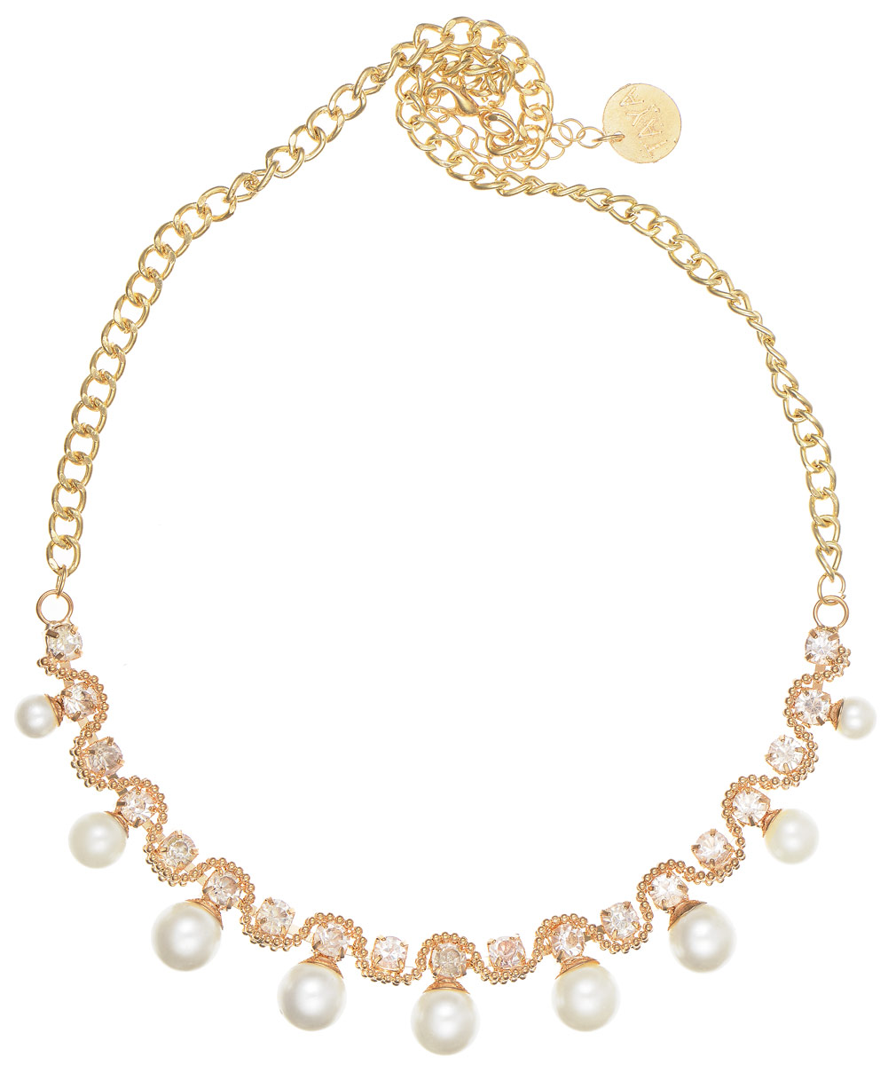 Колье Taya, цвет: золотистый, перламутровый. T-B-10328T-B-10328-NECK-GL.PEARL Колье Taya, цвет: золотистый, перламутровый. T-B-10328T-B-10328-NECK-GL.PEARLВеликолепное колье Taya изготовлено из металлического сплава. Модель выполнена в виде цепочки и дополнена декоративным элементом в центре. Декоративная композиция представляет собой золотую волну, внутри которой вплетены бриллиантовой огранки стразы. Снизу плотно прикреплены разного диаметра жемчужины для завершения композиции. Застегивается колье на замок-карабин с регулирующей длину цепочкой. Такое украшений поможет вам создать уникальный и запоминающийся образ и позволит выделиться среди окружающих.