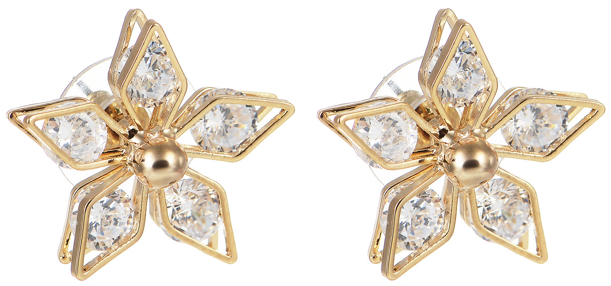 Серьги Taya, цвет: золотистый. T-B-9183T-B-9183-EARR-GOLD Серьги Taya, цвет: золотистый. T-B-9183T-B-9183-EARR-GOLDОчаровательные серьги современного дизайна Taya изготовлены из бижутерного сплава, который не содержит свинец. Модель выполнена в виде цветка-пятилистника с капелькой в центре. Серьги имеют объем за счет того, что между лепестками расположены стразы. Кажется, что между двумя замечательными цветами повисли капельки утренней росы. В качестве основания изделия используется замок-гвоздик с пластиковыми заглушками, который надежно зафиксирует сережку. Стильные серьги помогут дополнить любой образ и привнести в него завершающий яркий штрих.
