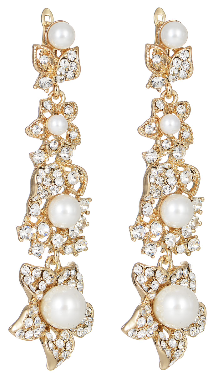 Серьги Taya, цвет: золотистый, перламутровый. T-B-11167T-B-11167-EARR-GOLD Серьги Taya, цвет: золотистый, перламутровый. T-B-11167T-B-11167-EARR-GOLDРоскошные серьги современного дизайна Taya изготовлены из гипоаллергенного бижутерного сплава, который не содержит свинец. Модель не оставит равнодушной ни одну любительницу изысканных и необычных украшений. Серьги выполнены в виде очаровательных подвесок в виде цветов и лепестков, инкрустированных стразами. В центре каждого цветка расположена жемчужина, что придает изделию нежности и изысканности. Серьги застегиваются на английский замок. Такие серьги позволят вам с легкостью воплотить самую смелую фантазию и создать собственный, неповторимый образ.