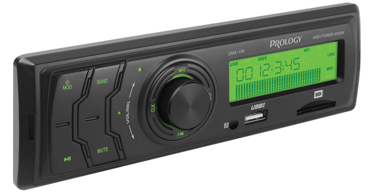 Prology CMX-100, Black автомагнитолаPROLOGY CMX-100 Prology CMX-100, Black автомагнитолаPROLOGY CMX-100Доступный по цене автомобильный ресивер Prology CMX-100 с высокой выходной мощностью 4 x 55 Вт. Простое и надежное головное устройство формата 1DIN без дискового привода, предназначенное для воспроизведения музыки популярных форматов MP3 и WMA с USB-флэшек и SD-карт. Высокоскоростной цифровой PLL тюнер с FM диапазоном и памятью на 12 станций. Линейный аудиовыход позволяет построить в автомобиле систему с внешними усилителями.