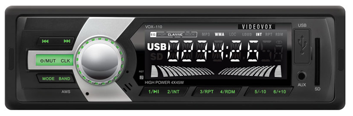 Videovox VOX-110, Black автомагнитолаVideovox VOX-110 Videovox VOX-110, Black автомагнитолаVideovox VOX-110Недорогое, функциональное и надёжное головное устройство Videovox VOX-110 формата 1DIN без дискового привода, предназначенное для воспроизведения музыки популярных форматов MP3 и WMA с USB-флэш накопителей и SD-карт. Радиотюнер с FM диапазоном и памятью на 12 станций. Линейный аудиовыход позволяет построить в автомобиле систему с внешними усилителями.