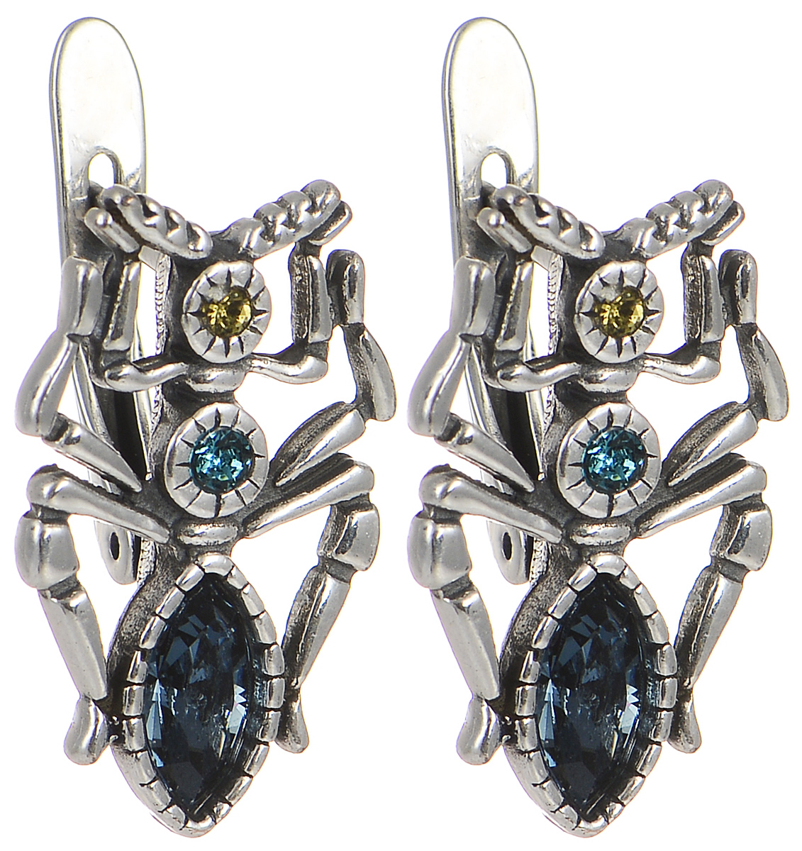 Серьги Jenavi Тоурмис, цвет: серебристый, синий, желтый. k3393144k3393144 Серьги Jenavi Тоурмис, цвет: серебристый, синий, желтый. k3393144k3393144Серьги Jenavi Тоурмис из коллекции Кассида изготовлены из гипоаллергенного ювелирного сплава c покрытием из черненого серебра и оформлены в виде муравья. Украшение декорировано стразами и кристаллами Swarovski. Изделие оснащено классическим английским замком, который надежно зафиксирует серьги. Стильные серьги Jenavi помогут дополнить любой образ и привнести в него завершающий яркий штрих.