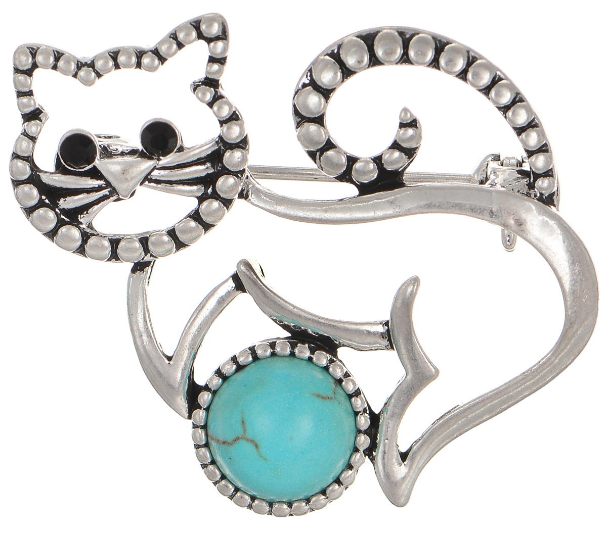 Брошь Selena Street Fashion, цвет: бирюзовый, серебристый. 3002659030026590 Брошь Selena Street Fashion, цвет: бирюзовый, серебристый. 3002659030026590Элегантная брошь Selena Street Fashion в виде забавного котика выполнена из ювелирного сплава с гальваническим покрытием из родия. Оформлено украшение вставкой из натуральной бирюзы. Брошь застегивается на классический замок с фиксатором. Очаровательное украшение блестяще подчеркнет изысканный вкус, женственность и красоту своей обладательницы и поможет внести разнообразие в привычный образ.
