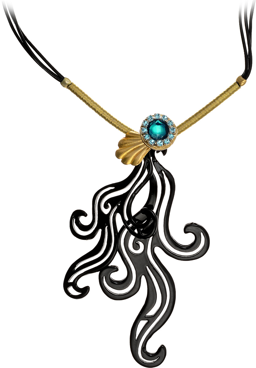 Кулон Lalo Treasures, цвет: черный, золотой. P4534-2P4534-2 Кулон Lalo Treasures, цвет: черный, золотой. P4534-2P4534-2Яркий дизайнерский кулон Lalo Treasures станет отличным дополнением к вашему стилю. Кулон изготовлен из качественной ювелирной смолы, металлического сплава и искусственной кожи. Декоративная часть кулона выполнена в виде узоров со вставкой из камня, украшенного стразами. Кулон застегивается на замок-карабин, а длина регулируется с помощью звеньев. Интересный дизайн кулона подчеркнет ваш образ и позволит вам быть оригинальной и изящной.