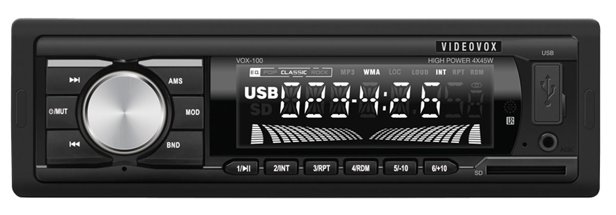 Videovox VOX-100, Black автомагнитолаVideovox VOX-100 Videovox VOX-100, Black автомагнитолаVideovox VOX-100Доступное по цене, простое и надежное головное устройство Videovox VOX-100 формата 1DIN без дискового привода, предназначенное для воспроизведения музыки популярных форматов MP3 и WMA с USB-флешек и SD-карт. Радиотюнер с FM-диапазоном и памятью на 12 станций. Линейный аудиовыход позволяет построить в автомобиле систему с внешними усилителями.