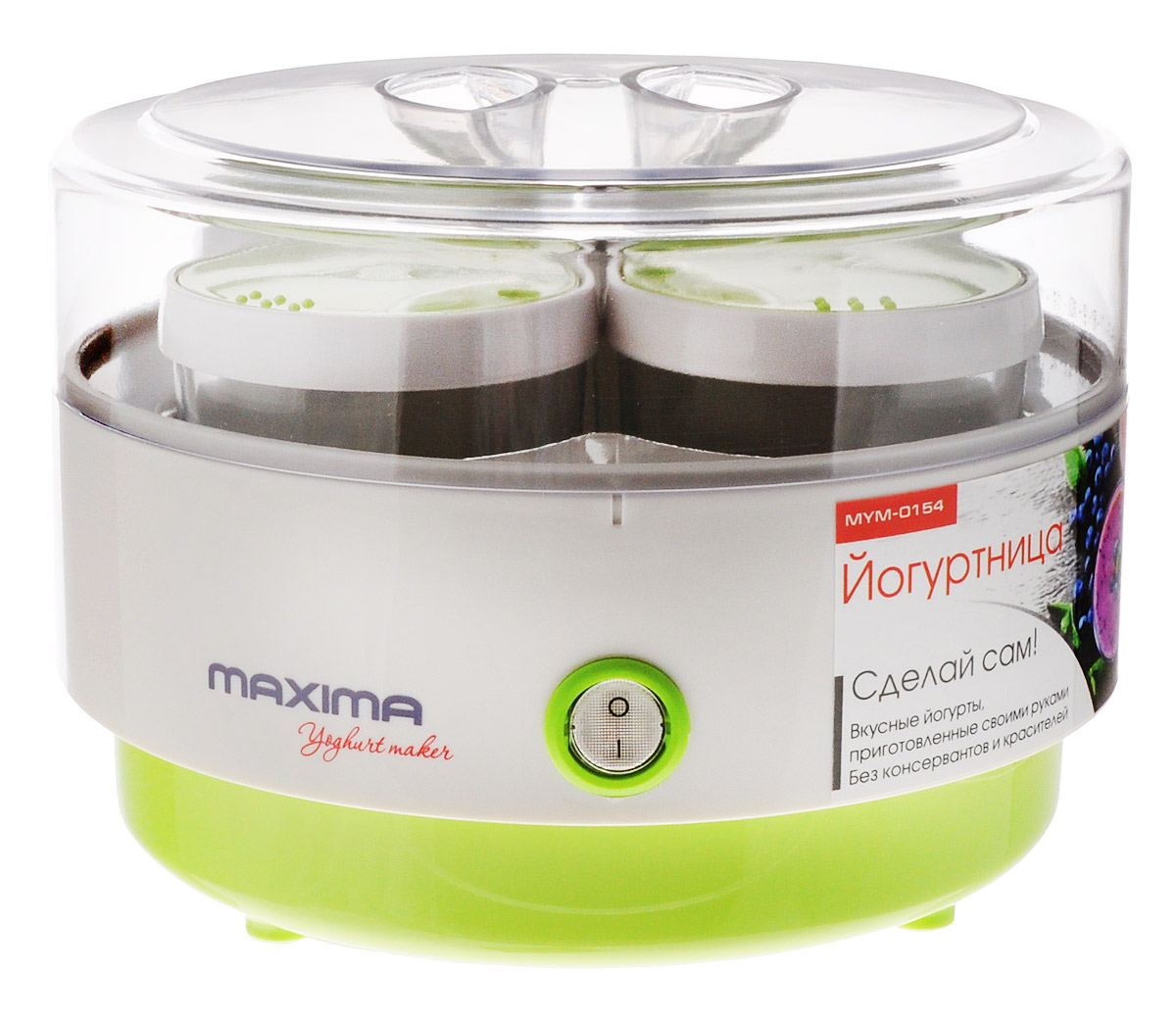 Maxima MYM-0154, Light Green йогуртницаMYM-0154 Maxima MYM-0154, Light Green йогуртницаMYM-0154Компактная и очень простая в использовании йогуртница Maxima MYM-0154 станет незаменимой помощницей на кухне: всего одна кнопка включения-выключения и 4 стеклянных баночки по 180 мл. Для напоминания времени отключения на крышке йогуртницы Maxima MYM-0154 нанесены цифры от 1 до 12, обозначающие часы.