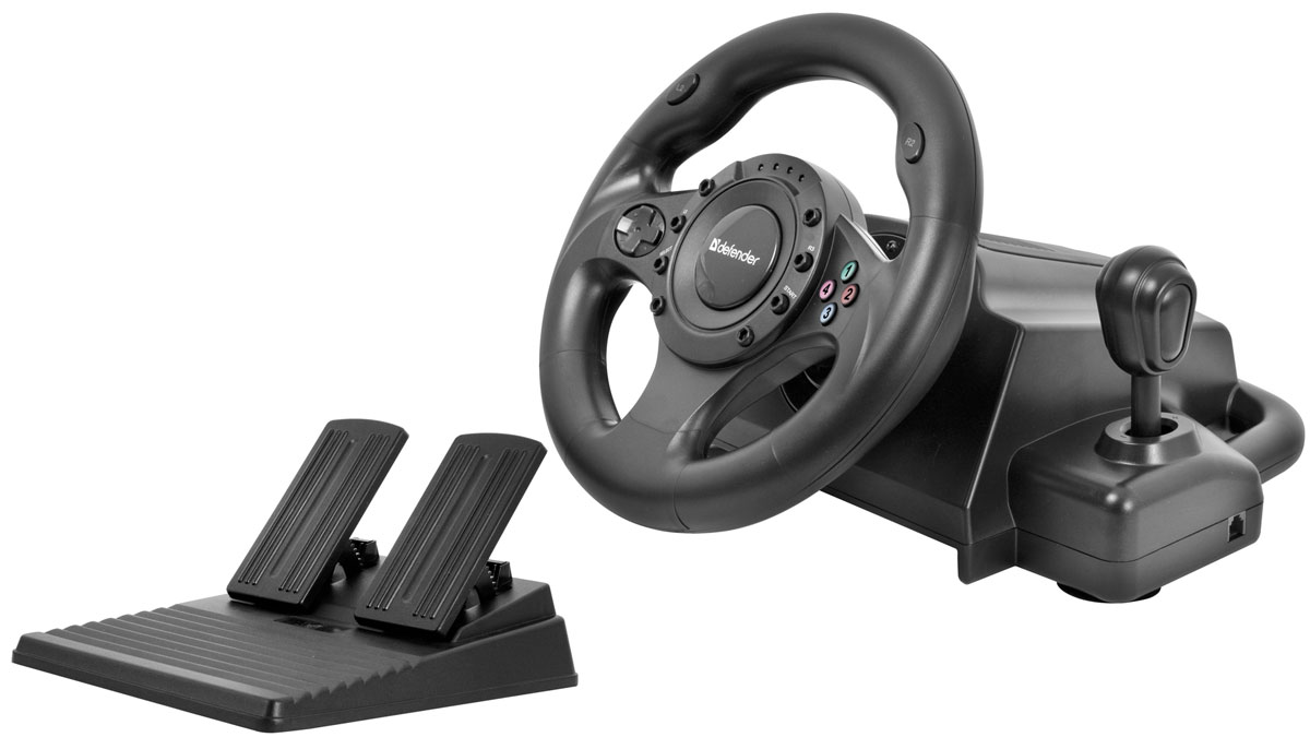 Defender Forsage Drift GT USB/PS2/PS3 игровой руль64370 Defender Forsage Drift GT USB/PS2/PS3 игровой руль64370Игровой руль Defender Forsage Drift GT с возможностью ручной регулировки чувствительности отлично подойдет геймерам, увлекающимся играми на тему автогонок. Встроенный эффект вибрации делает аварии и столкновения более реалистичными! Руль надежно крепится к столешнице при помощи присосок. Данная модель также имеет резиновую оплетку, предотвращающую выскальзывание из рук и подключается к ПК при помощи соединения USB. Рычаг переключения передач Блок педалей — газ и тормоз Удобные несимметричные педали Угол поворота руля: 180° Диаметр рулевого колеса: 245 мм Тип датчика: резистивный 2 встроенных вибромотора