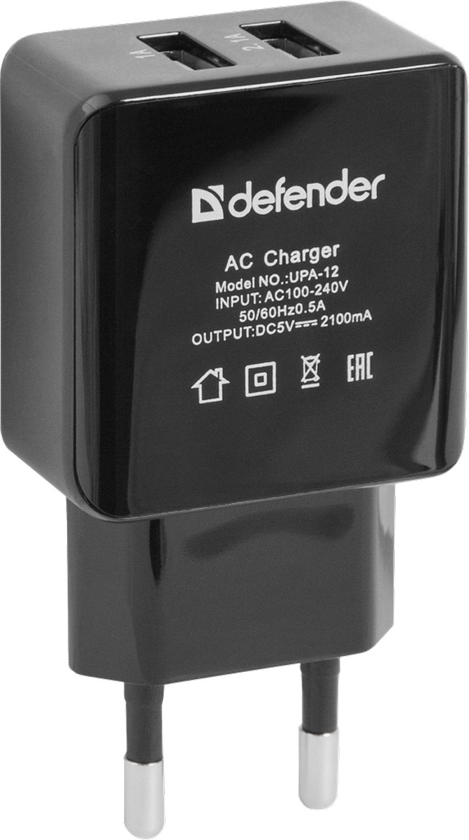 Defender UPA-12 сетевое зарядное устройство83531 Defender UPA-12 сетевое зарядное устройство83531Defender UPA-12 - компактный сетевой адаптер питания через USB, небольшие размеры которого делают это устройство незаменимым в путешествиях. Его можно подключить к большинству розеток, а также приятным дополнением служит защита от перегрузки и короткого замыкания, которая помогает обезопасить заряжаемое устройство в случае возникновения каких-либо проблем в сети. Defender UPA-12 с двумя USB-портами незаменим для зарядки большинства устройств. Выходные параметры адаптера достаточны для питания различных типов портативной электроники планшетные компьютеры, мобильные телефоны, смартфоны, навигаторы, регистраторы, радар-детекторы, MP3, PMP, PDA, цифровые фотокамеры.