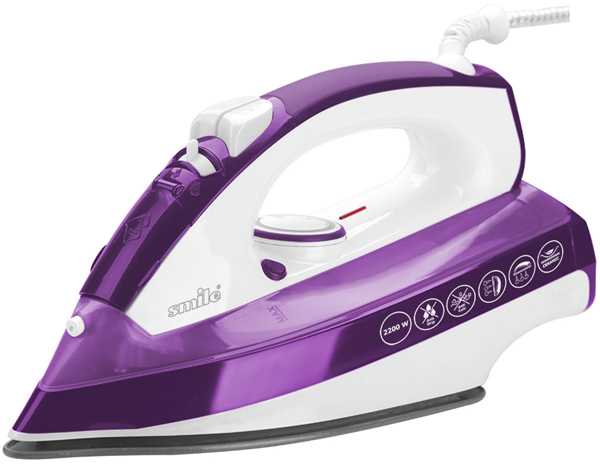 Smile SI 975, White Lilac утюгSI 975 Smile SI 975, White Lilac утюгSI 975Утюг (Бело-сиреневый) Подошва с керамическим покрытием, Вертикальный пар, паровой удар Сухой режим (подачу пара можно отключить), Антикапельная система Система предотвращения образования накипи, Резервуар для воды 300 мл, Устройство для распыления воды, Режим самоочистки Плавная регулировка температуры, 3-х ступенчатая регулировка подачи пара, Индикатор нагрева, Мерный стакан 220-240 В, 50 Гц, 2200 Вт