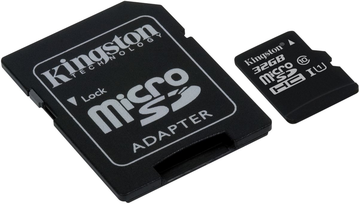 Kingston microSDHC Class 10 UHS-I 32GB карта памяти с адаптером (45/10 Мб/с)SDC10G2/32GB Kingston microSDHC Class 10 UHS-I 32GB карта памяти с адаптером (45/10 Мб/с)SDC10G2/32GBКарта памяти Kingston microSDHC Class 10 UHS-I поможет вам в увеличении объема памяти мобильных телефонов, смартфонов, планшетов и других портативных устройств. Данная модель имеет все основные защитные функции от Kingston: водонепроницаемый корпус, ударостойкость и виброустойчивость, защиту от рентгеновских аппаратов в аэропортах и экстремальных температур.