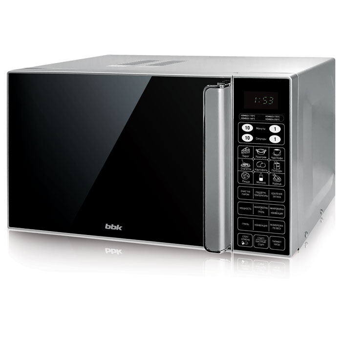 BBK 23MWC-982S/SB-M, Silver Black СВЧ-печь23MWC-982S/SB-M/RU BBK 23MWC-982S/SB-M, Silver Black СВЧ-печь23MWC-982S/SB-M/RUСовременная и вместительная микроволновая печь BBK 23MWC-982S/SB-M проста в управлении и довольно функциональна. Зеркальная передняя панель, LED-дисплей и электронное управление – вот составляющие стильного и лаконичного дизайна современной техники для кухни. Объем камеры составляет 23 литра. Существует 11 уровней регулировки мощности микроволн, максимальная – 900 Вт. Помимо привычных автоматических программ приготовления и размораживания блюд по весу, есть комбинированный режим, который заключается в использовании микроволн и гриля и подходит для приготовления больших кусков мяса или рыбы. Функция Конвекция позволит заменить духовку на микроволновую печь, если захочется полакомиться пирогами или бисквитом. Функция блокировки панели управления ограничит доступ ребенка к технике. Предусмотрена функция удаления запахов.