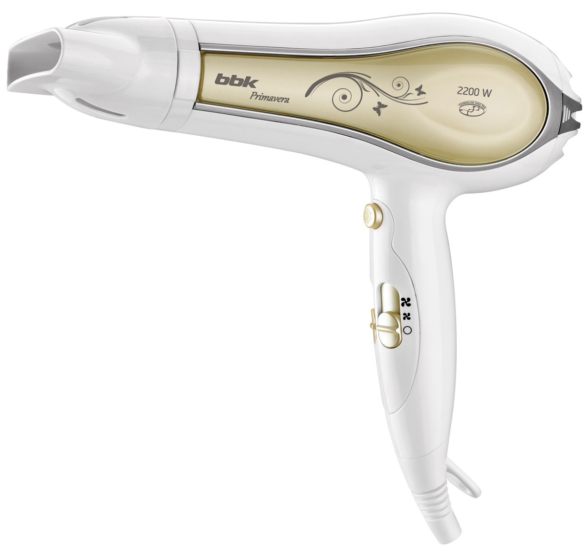 BBK BHD3205i, White Champagne фенBHD3205i бел/шамп BBK BHD3205i, White Champagne фенBHD3205i бел/шампФен BBK BHD3205i - отличная модель, предназначенная для сушки волос при нескольких температурных режимах, укладки любой длины и крепкой фиксации прически. Устройство оснащено встроенным генератором ионов, что значительно уменьшает наэлектризованность волос и помогает при расчесывании. Концентратор служит для направления струи воздуха на определенные локоны, обеспечивая тем самым лучший результат. Турмалиновое покрытие решетки сохраняет здоровье и блеск волос. Дизайн фена отличается эргономичностью, что позволяет использовать фен длительное время без малейшей усталости. Режим холодного воздуха способствует закреплению полученного результата. Съемная крышка воздухозаборника облегчает чистку устройства. В комплект входит удобная сумка-чехол для бережного хранения и транспортировки изделия.