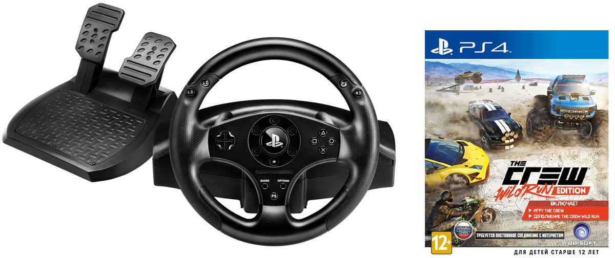 Thrustmaster T80 Racing Wheel руль + игра The Crew. Wild Run Edition (PS4)4160598 Thrustmaster T80 Racing Wheel руль + игра The Crew. Wild Run Edition (PS4)4160598Рулевая система Thrustmaster T80 RW Racing Wheel – это устройство, предназначенное для управления играми гоночного типа на приставках PS3 и 4. Продукт произведен по официальной лицензии PlayStation. Первая рулевая система для гоночных игр для PlayStation 4! Лицензия PlayStation 4 гарантирует 100% совместимость функций игр и меню консоли с официальными кнопками PS, Share и Options. Официальная прошивка обеспечивает автоматическое распознавание руля консолью PS4. Слайдер-переключатель выбора PS4 / PS3 (гоночного USB-руля с консолью PS3) На руле 2 секвенционных лепестковых переключателя цифровой коробки передач Захват руля с прорезиненным текстурированным покрытием Большой оптимизированный педальный блок: 2 педали с широким упором для ноги Регулируемый угол наклона для каждой педали Педаль тормоза с прогрессивным сопротивлением Комплектное оборудование: Регулируемая чувствительность руля — для точного...