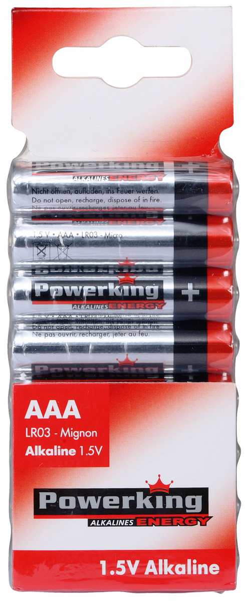 Батарейка алкалиновая PowerKing, тип ААА, 1,5V, 8 шт109055 Батарейка алкалиновая PowerKing, тип ААА, 1,5V, 8 шт109055Щелочные (алкалиновые) батарейки PowerKing оптимально подходят для повседневного питания множества современных бытовых приборов: электронных игрушек, фонарей, беспроводной компьютерной периферии и многого другого. Не содержат кадмия и ртути. Батарейки созданы для устройств со средним и высоким потреблением энергии. Работают в 10 раз дольше, чем обычные солевые элементы питания. PowerKing - высокое качество и максимальная производительность!