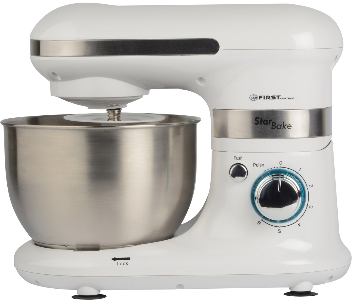 First FA 5259-1, White миксер-тестомесFA-5259-1 White First FA 5259-1, White миксер-тестомесFA-5259-1 WhiteПланетарный миксер First FA 5259-1 отлично справляется не только с замесом различных сортов теста (белковое, бисквитное, слоеное, заварное, дрожжевое, песочное), но и с приготовлением различных кондитерских масс (сливки, кремы, муссы, суфле, безе). Технология планетарного вращения – это такой способ вращения, когда привод совершает круговые движения в одну сторону, а венчик (мешалка) в это время вращается вокруг своей оси в другую, позволяет производить смешивание по всему объему чаши. При этом на перемешивание или взбивание затрачивается гораздо меньше времени независимо от того, что вы готовите: белковую массу, крем, соусы или тесто любой плотности,а результат всегда будет превосходным. В импульсном режиме продукты перемешиваются через короткие интервалы. Модель имеет плавную регулировку оборотов и функцию плавного старта, которая предотвращает разбрызгивание. Чаша для смешивания на 4 литра изготовлена из высококачественной стали. Также имеется...