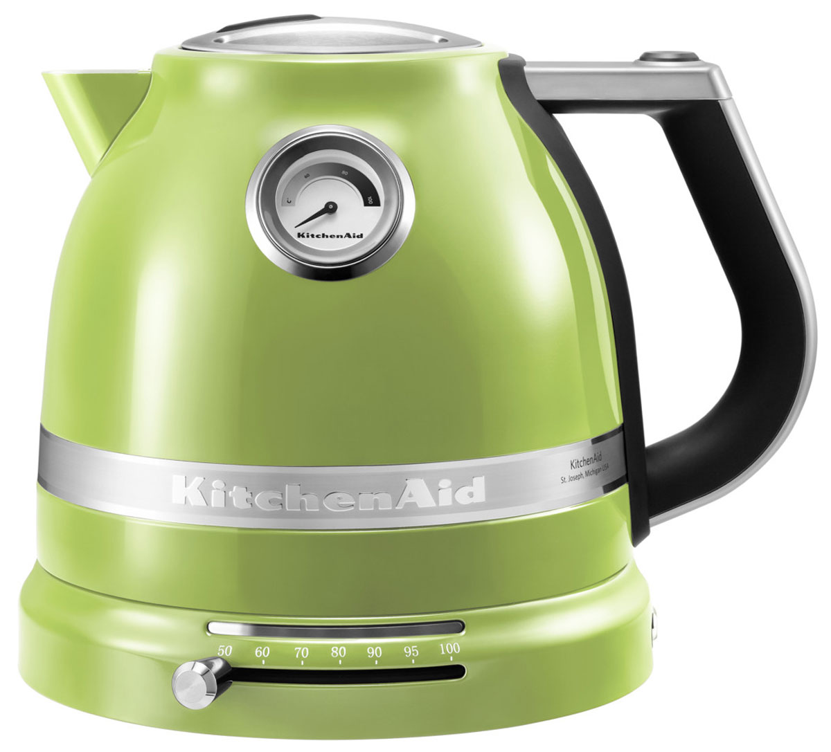 KitchenAid Artisan (5KEK1522EGA), Green электрочайник5KEK1522EGA KitchenAid Artisan (5KEK1522EGA), Green электрочайник5KEK1522EGAЭлектрический чайник KitchenAid ARTISAN объемом 1,5 литра – это новое слово в бытовой технике. Великолепные формы, эргономичность и элегантность – лучший образец, который обязательно должен быть на любой кухне. Выпить чашку чая с KitchenAid ARTISAN – это доставить себе истинное наслаждение и удовольствие. Ценители чайного напитка прекрасно знают, что каждый вид чая требует своей температуры воды. Но добиться нужного нагрева с обычной моделью было невероятно сложно. Теперь все изменилось: с двустенным электрическим чайником KitchenAid ARTISAN объемом 1,5 литра вы можете: выбирать нужную температуру нагрева от 50 до 100 градусов; поддерживать воду горячей в течение всей чайной церемонии; видеть температуру воды даже тогда, когда чайник не стоит на своей платформе; не ждать любимого напитка дольше положенного – этот прибор нагревает воду моментально.