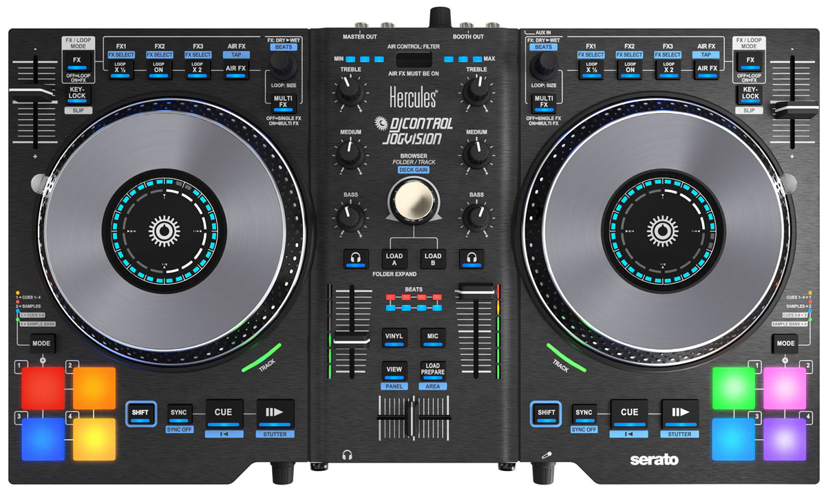 Hercules DJControl Jogvision микшерный пульт4780547 Hercules DJControl Jogvision микшерный пульт4780547Hercules DJControl Jogvision - первый мобильный микшерный пульт с индикацией по центру сенсорных дисков, на которых отображается одновременно скорость воспроизведения и позиция в воспроизводимом треке. Благодаря этой индикации диджею можно реже смотреть на экран компьютера и больше внимания уделять музыке и аудитории, быстрее реагировать и лучше синхронизировать треки. Функция соответствия цветов Cue Color Match: предназначена для управления метками и сэмплером; обеспечивает соответствие цветов подсветки барабанных контроллеров и меток в программах Serato DJ и DJ Intro для простого и удобного управления метками. RGB Cue Color Match: В режиме метки цвет каждой панели соответствует цвету по умолчанию управляемой ею метки в программе Serato DJ. Полное соответствие между программой и пультом - это легкость управления. Аудиопараметры специально заточены под задачи клубного или мобильного диджея: Встроенный аудиоинтерфейс разрешения 24...