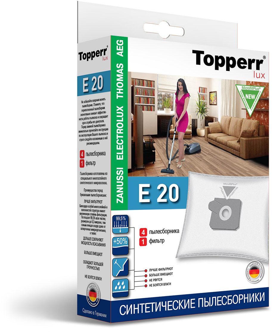 Topperr E 20 фильтр для пылесосов Zanussi, Electrolux, AEG, 4 шт1417 Topperr E 20 фильтр для пылесосов Zanussi, Electrolux, AEG, 4 шт1417Немецкие синтетические пылесборники Topperr E 20 подходят для пылесосов AEG, ELECTROLUX, THOMAS, ZANUSSI, произведены из экологически чистого, многослойного нетканого фильтрующего материала MicrofiltPlus. Данный материал не боится повышенной влажности и обладает большой прочностью, главное качество — способность задерживать 99,5% пыли; сохраняет мощность всасывания пылесоса до полного заполнения пылесборника, также продлевает срок службы пылесоса. Регулярное использование синтетических мешков-пылесборников гарантирует не только очищение воздуха от пыли и аллергенных микроорганизмов, но и чистоту внутренних поверхностей пылесоса.
