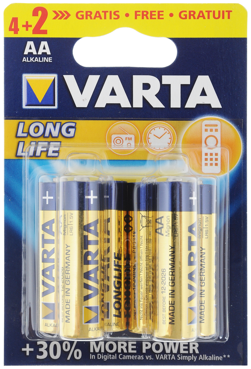 Батарейка Varta Longlife, тип AA, 1,5В, 6 шт. 4314643146 Батарейка Varta Longlife, тип AA, 1,5В, 6 шт. 4314643146Алкалиновые батарейки Varta Longlife отличаются долгим сроком работы, подходят для аудио- видео- техники, а также другой электроники и бытовых приборов. Щелочной гальванический элемент питания. Внимание! При установке проверить полярность. Не разбирать, не перезаряжать, не подносить к открытому огню. Не давать детям!