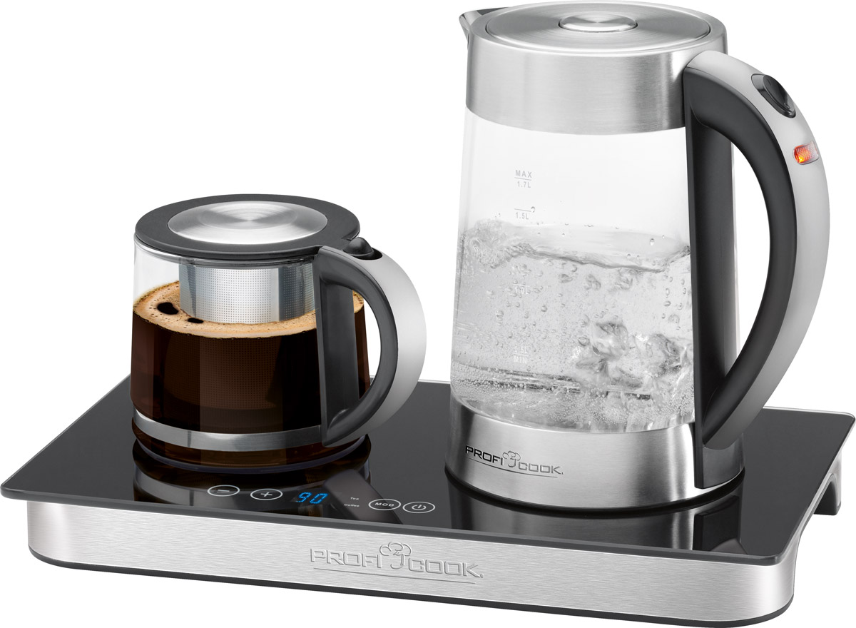 Profi Cook PC-TKS 1056 набор для приготовления чая и кофеPC-TKS 1056 Profi Cook PC-TKS 1056 набор для приготовления чая и кофеPC-TKS 1056Набор для приготовления чая и кофе Profi Cook PC-TKS 1056 состоит из базы, на которую устанавливаются два чайника емкостью 1.2 и 1.7 литра. В большом чайнике Вы можете быстро вскипятить необходимое количество воды, а в маленьком - заварить кофе или чай. Имеется функция автоматической и ручной установки температуры: автоматическая для кофе 85°C и для чая 80°C, ручная настройка в диапазоне 70-90°C с шагом 1°C.