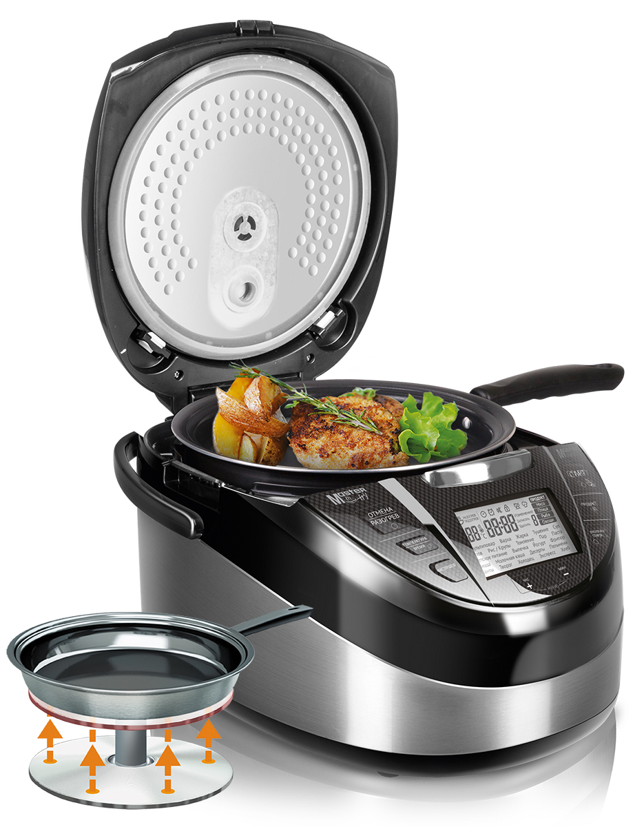Redmond RMK-M231 мультиварка-мультикухняRMK-M231 Redmond RMK-M231 мультиварка-мультикухняRMK-M231Мультикухня Redmond RMK-M231 оснащена запатентованной Redmond технологией Мастерфрай, позволяющей поднять нагревательный элемент мультикухни (ТЭН) и использовать прибор как полноценную кухонную плиту. На ТЭН можно установить сковороду или любую другую жаропрочную посуду подходящего диаметра и жарить, варить, тушить или даже кипятить воду для чая или детских смесей с помощью автоматических программ. Мультикухня RMK-M231 с плоским подъемным ТЭНом обеспечит равномерный нагрев посуды по всей площади, и любые жареные блюда от блинчиков до стейков будут отлично готовиться на комплектной сковороде – ее дно абсолютно плоское, а внутренняя поверхность имеет керамическое антипригарное покрытие. Масло не будет стекать к краям, благодаря антипригарным свойствам керамики для жарки его понадобится совсем немного! Как при поднятом, так и при опущенном ТЭНе вам будут доступны все программы мультикухни RMK-M231, а также особая функция Мастершеф. С ее помощью вы...