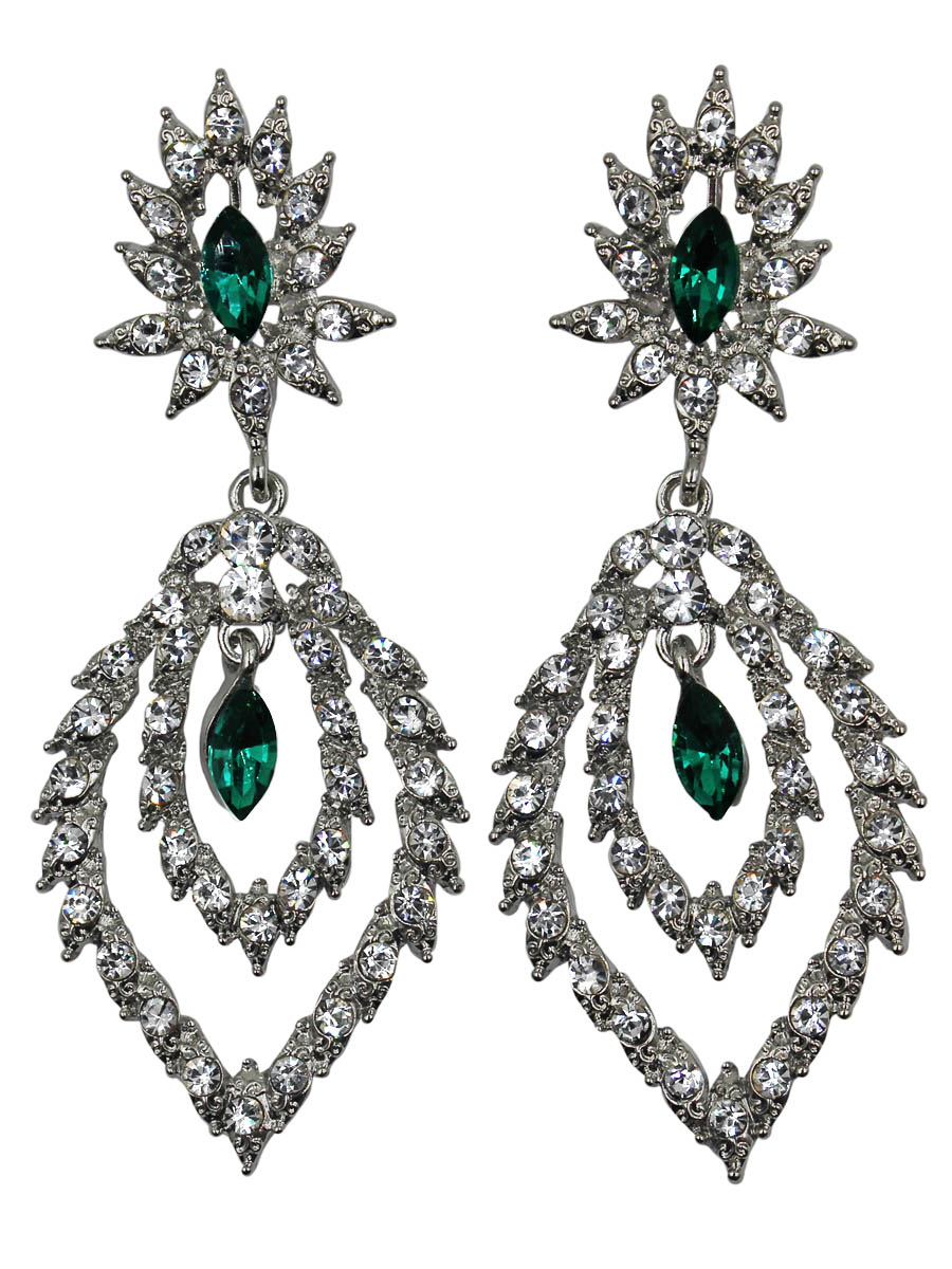 Серьги женские Taya, цвет: серебро, зеленый. T-B-11266-EARR-SL.EMERALDT-B-11266-EARR-SL.EMERALD Серьги женские Taya, цвет: серебро, зеленый. T-B-11266-EARR-SL.EMERALDT-B-11266-EARR-SL.EMERALDСерьги с английским замком. Воздушные серьги с маленькой подвижной изумрудной капелькой в центре. Махровые контуры и россыпь страз придают украшению воздушность и легкость. Размеры: длина серьги 7,8 см, ширина 3,0 см.