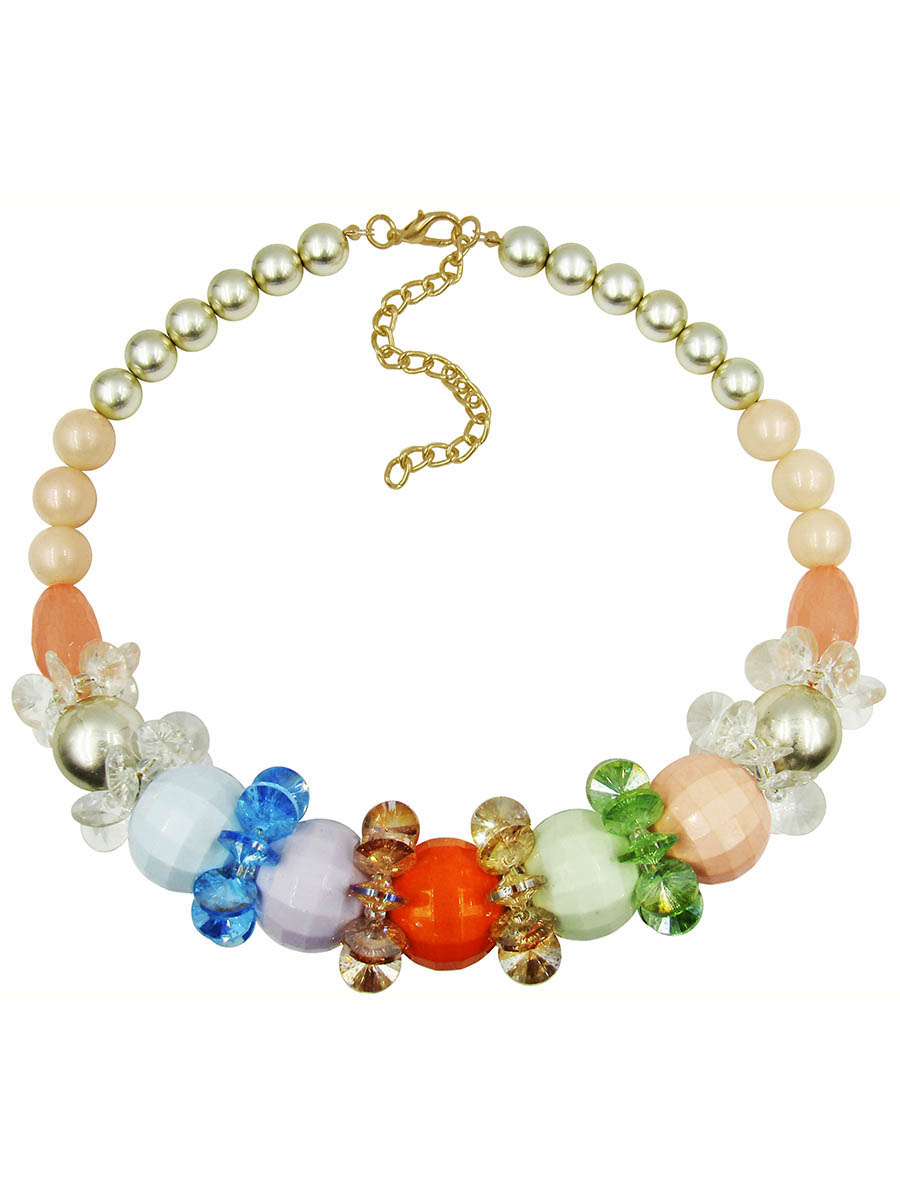 Колье женское Taya, цвет: золото, красный. T-B-9884-NECK-MULTIT-B-9884-NECK-MULTI Колье женское Taya, цвет: золото, красный. T-B-9884-NECK-MULTIT-B-9884-NECK-MULTIЖелтые жемчужины, дальше идут перламутровые жемчужины, за ними арбузные стразы и большая серебристая жемчужина, а в центре 5 разноцветных граненых бусин. Между всем этим великолепием нанизаны сверкающие лепестки стеклянных камней. Размеры: длина 45,0 см + удлинение 11,0 см, максимальная ширина колье 4,0 см.